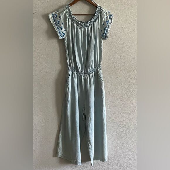 NWT Women Spense Light Denim Wide Leg Elastic Waist Pockets Cropped Jumpsuit 10 - Picture 2 of 8